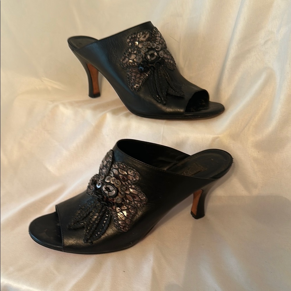 Brighton Black Mules with Jeweled Embellishments